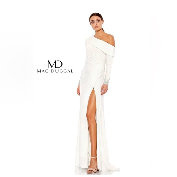 Mac Duggal 12231 Elegant White Off-Shoulder Evening Gown NWT - Picture 4 of 8